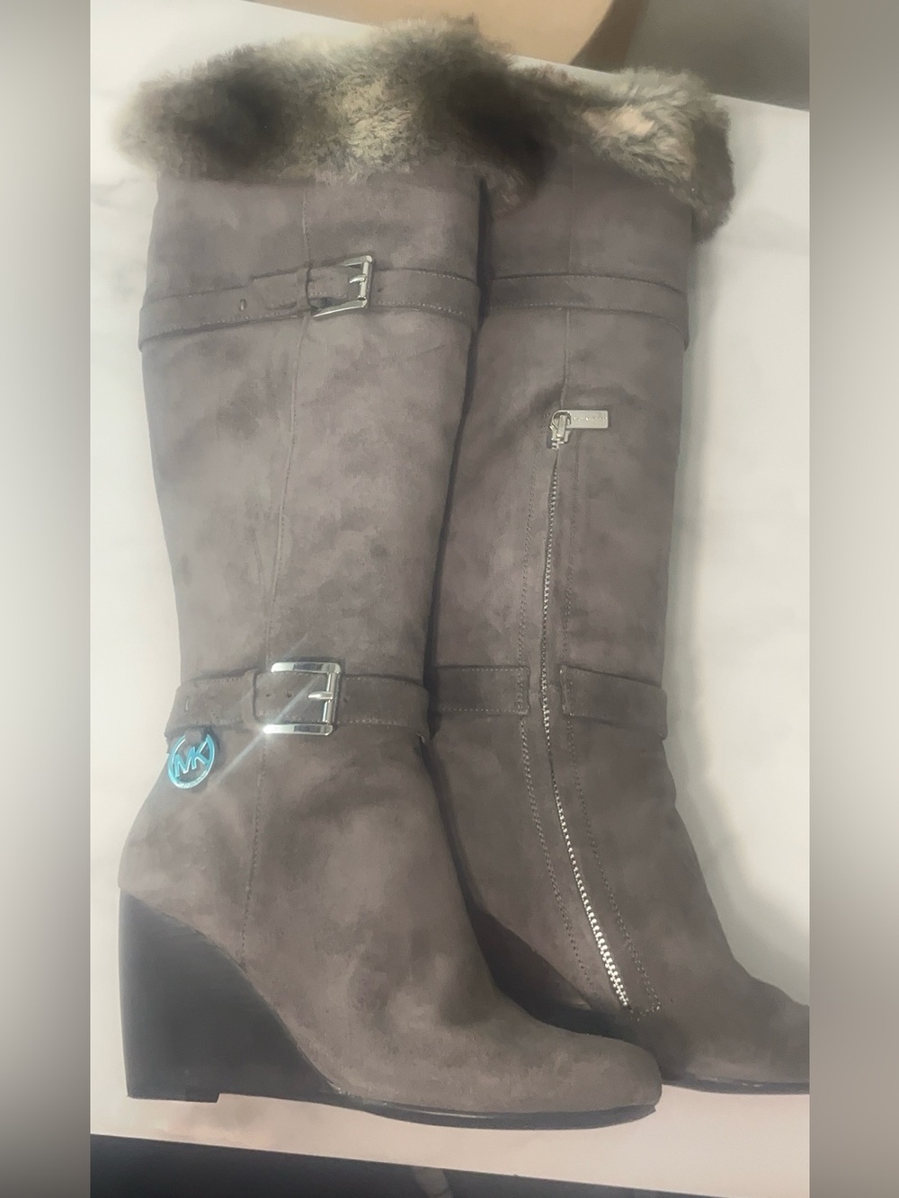 Michael Kors Taupe Faux-Suede Over-the-Knee Boots with Fur Trim - Picture 3 of 4